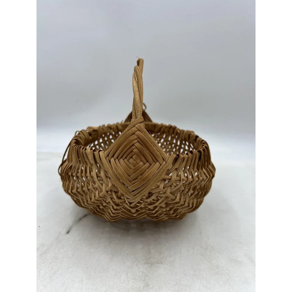 VTG Hand Woven Wicker Buttocks Basket Natural Wood Split Reed God's Eye Handle